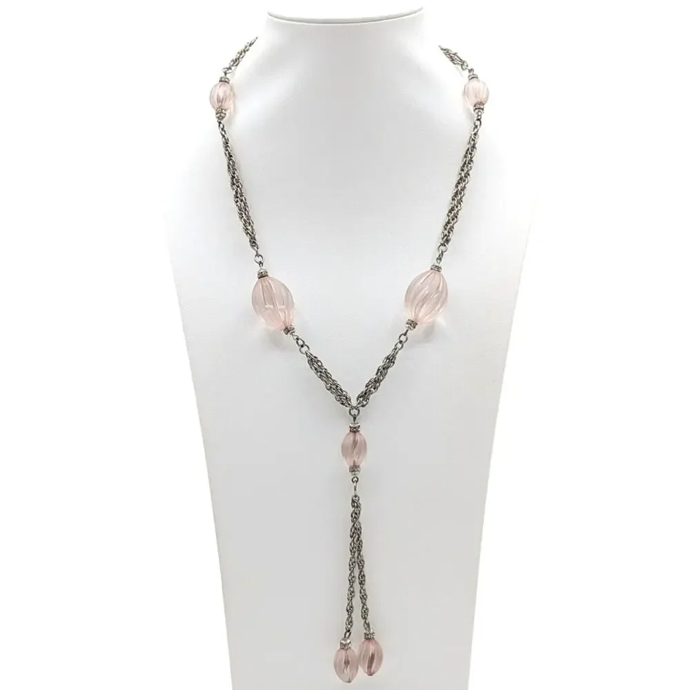 Vtg Art Deco Style Pink Swirl & Crystal Bead Silver Tone Dangle Chain Necklace